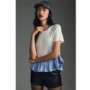 Anthropologie White and Blue Ruffle Short Sleeve Top